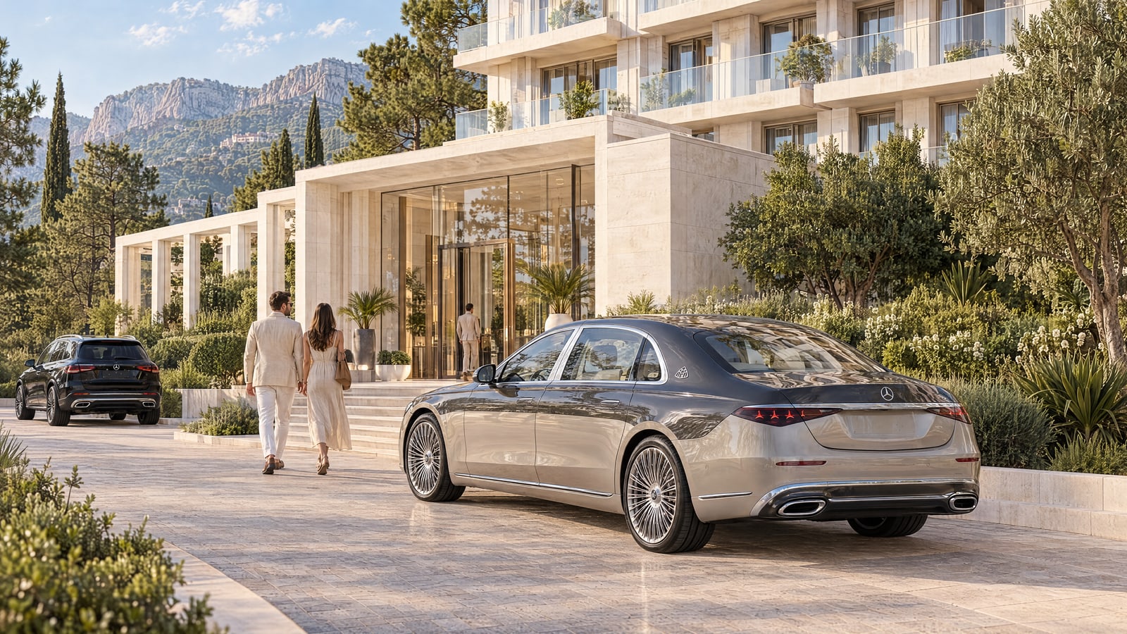 Mercedes-Maybach у въезда в «Сеченова, 19», светлая входная группа и жители на дорожке